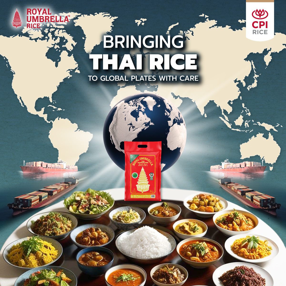 A lot of food in plates and jasmine rice from Royal Umbrella