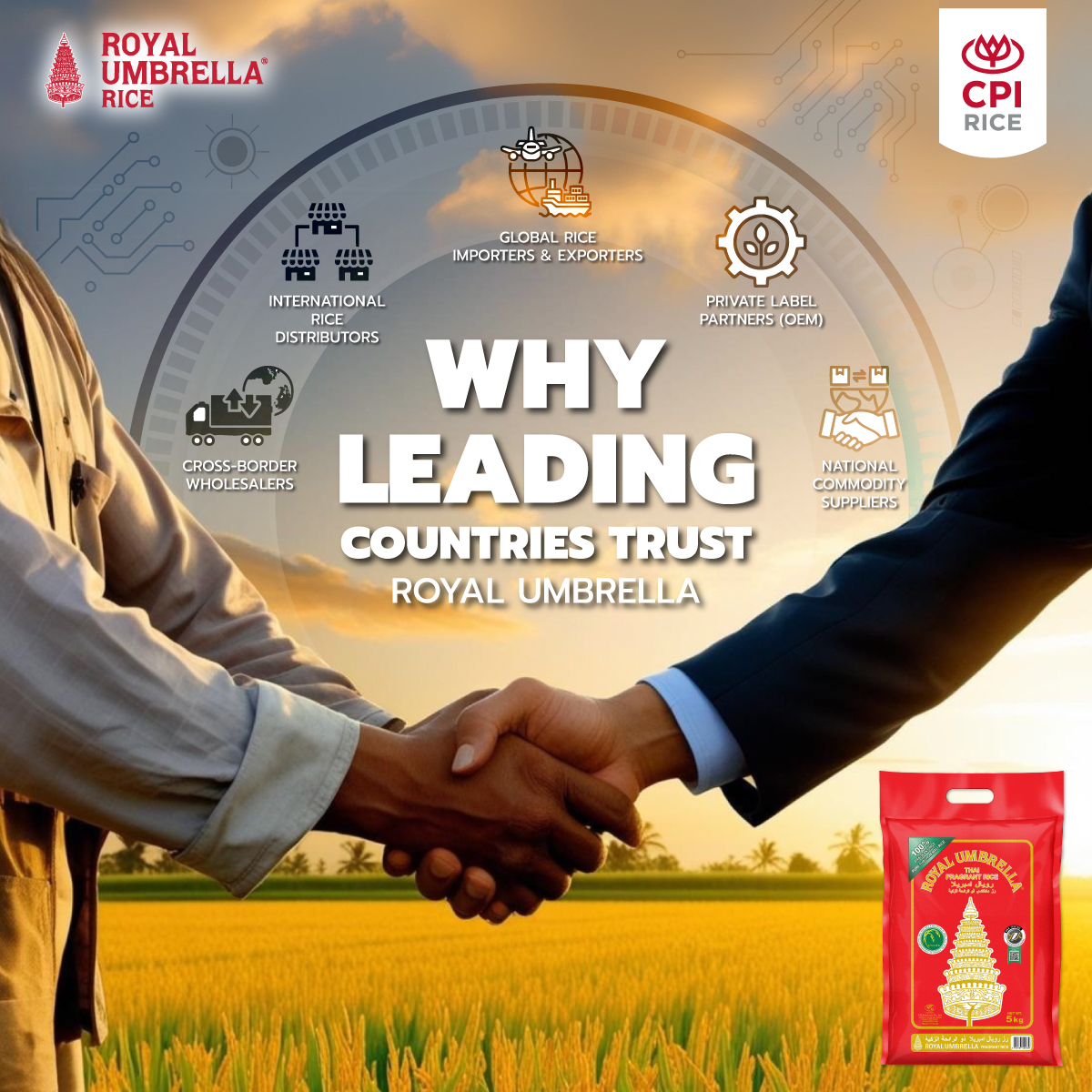 Hand shaking of farmer and company of agreement in buying royal umbrella rice with trust